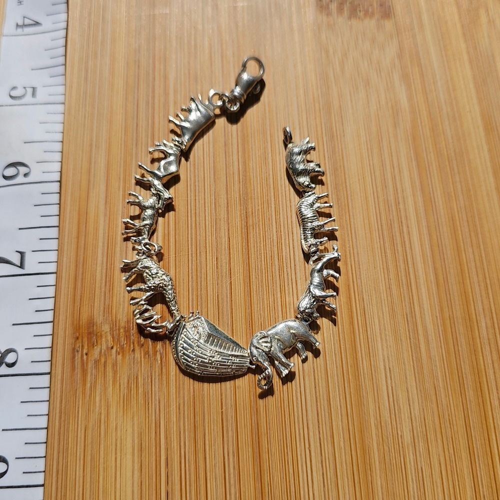 Vtg SMS Sterling Silver Noah's Ark Charm Bracelet 925 Christianity Religious 7"